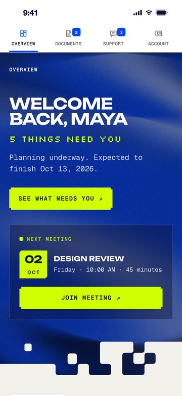 Overview screen of the client portal
