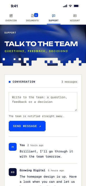 Support screen of the client portal